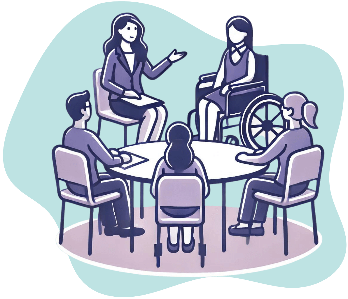 Icon of a two disabled trainers delivering bespoke training to a line manager and two colleagues.